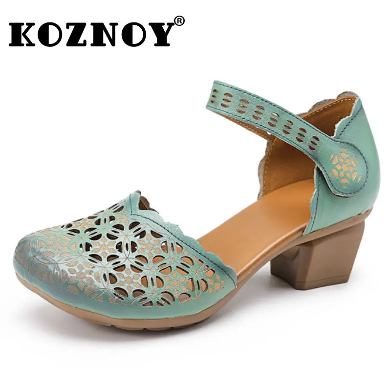 

Koznoy 5cm Women Hollow Cow Genuine Leather Hook Summer Breathable Sandals Slippers Comfy Moccasins Chunky Sneakers Ladies Shoes