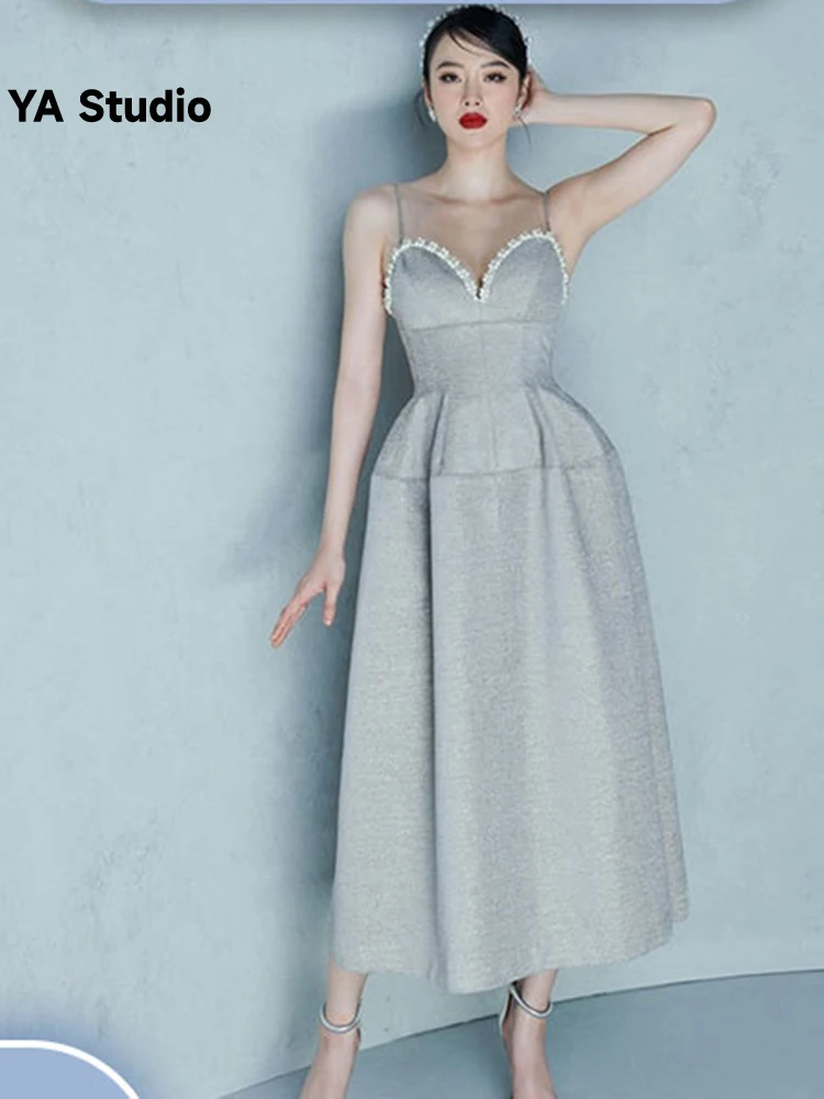 

[YA Studio] Designer New Sexy Party Dress Crowd Pearl Studded Diamond Suspender Large Swing 2023 Summer Autumn Fashion