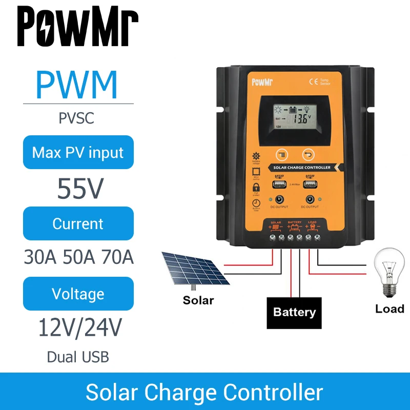 

MPPT PWM Solar Charge Controller 30A 50A 70A 12V 24V Dual USB Solar Regulator With Big LCD IP32 PV Battery Controller Load Timer