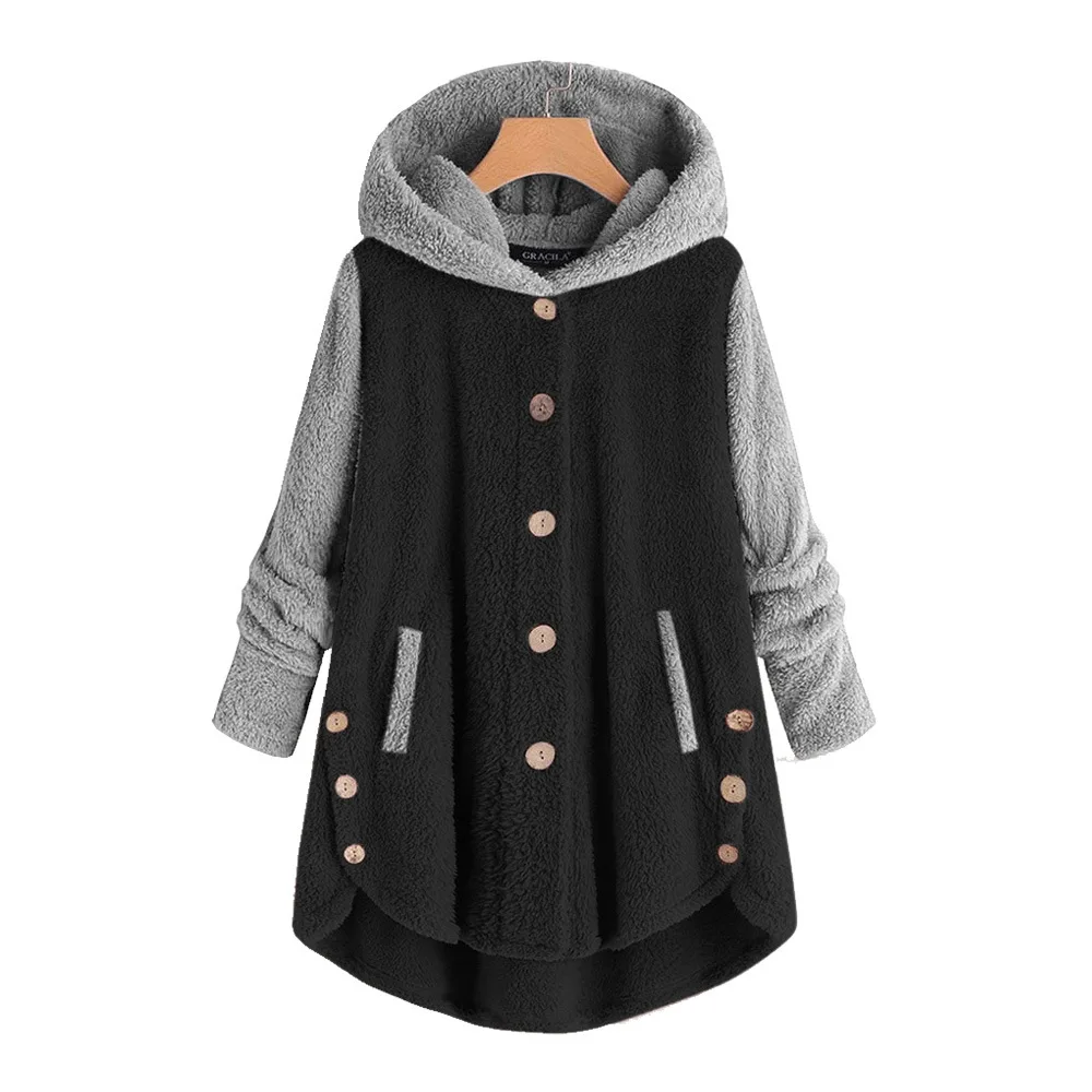 Autumn Winter Coats For Women 2023 Fashion Casual Button Irregular Warm Fleece Thin Coat With Hooded Female Clothing S-5Xl