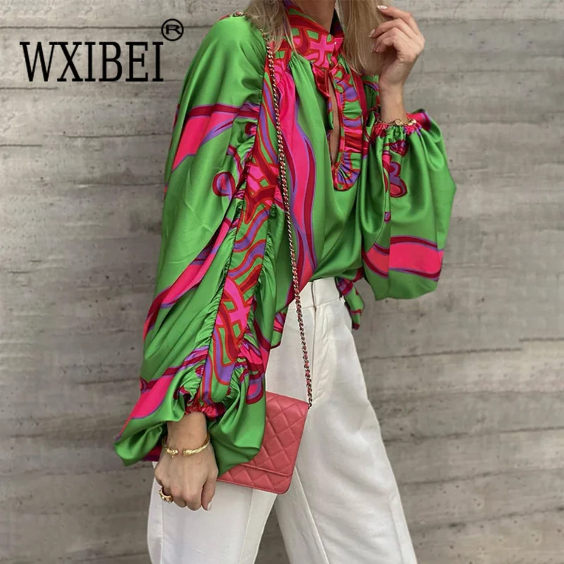 

WXIBEI Bohe Print Shirts For Women Stand Collar Batwing Sleeve Loose Hit Color Casual Folds Blouse Female Summer Clothing FC728