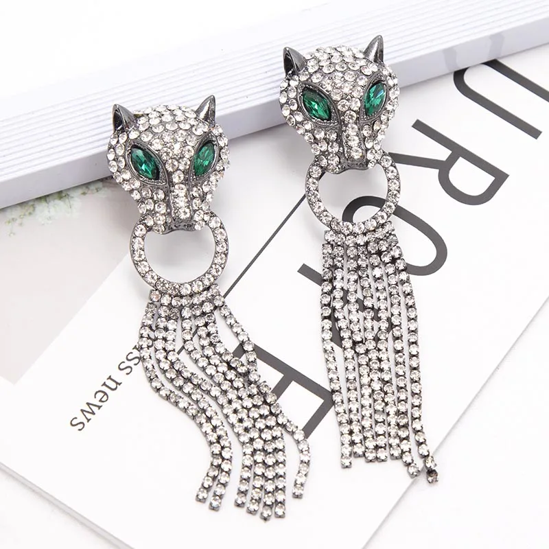 

Women Shinning Rhinestone Leopard Head Tassel Brooches Rhinestone Tiger Animal Head Party Office Brooch Pin Gifts Accessories