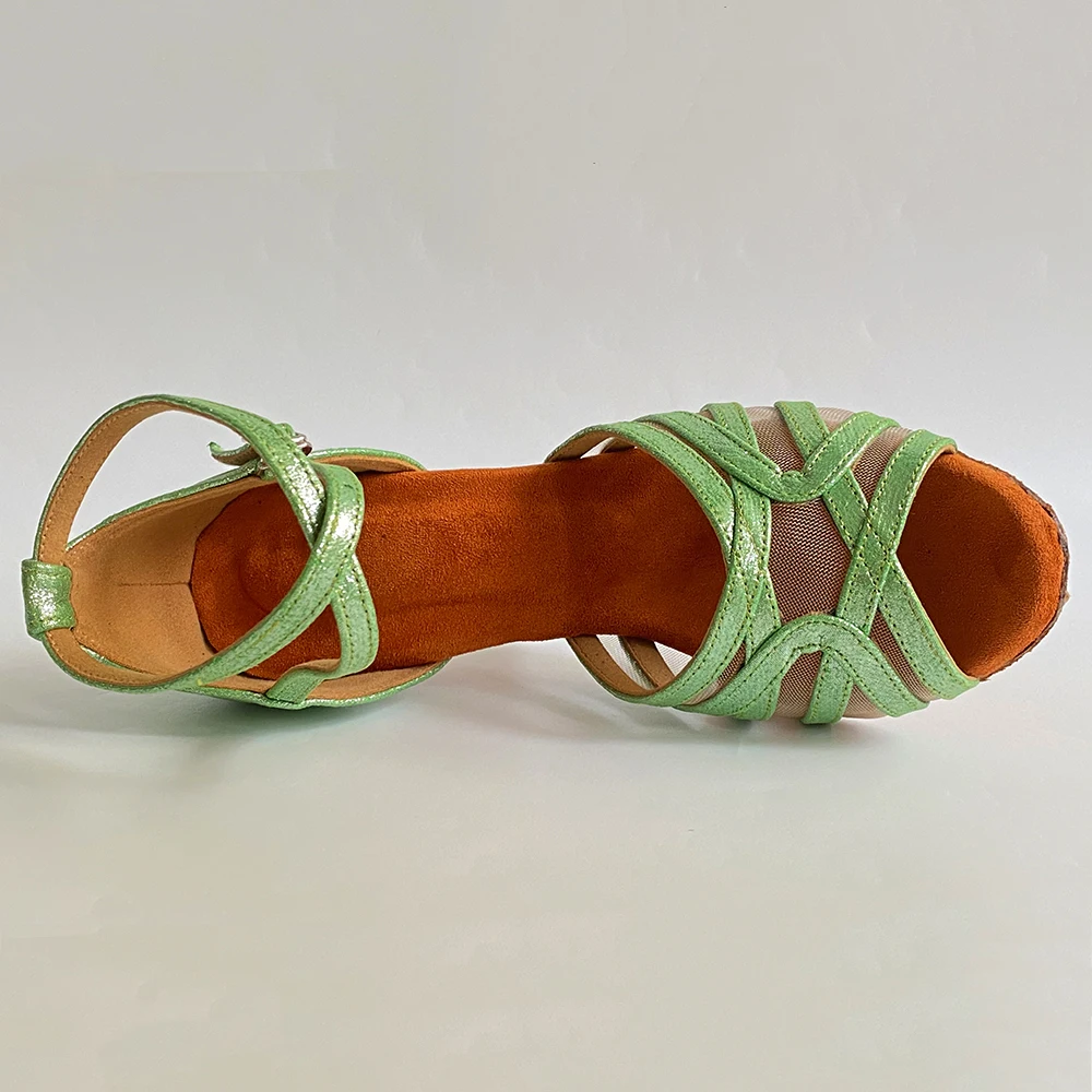 Indoor Dance Shoes Green Glitter Leather 2022 Latin Ballroom Dance Shoes Suede Insole 9cm 10cm heel Performance Dancing Shoes