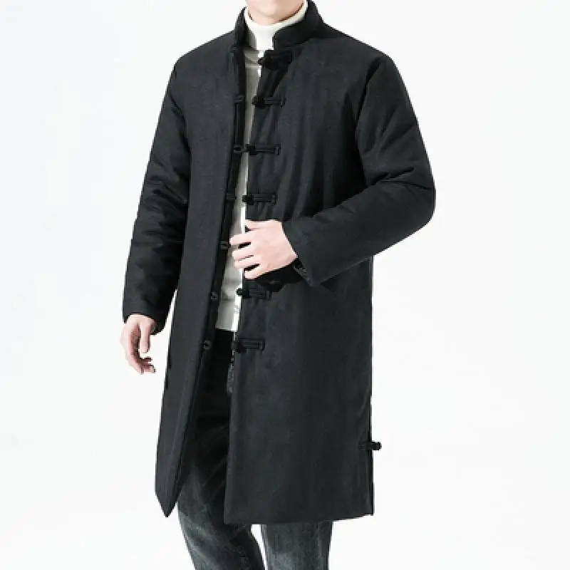 High Quality Hanfu Chinese Style Tang Suit Linen Thick Cotton Coat Winter Chinos Clothes Men Long Black Navy China Jacket Tops