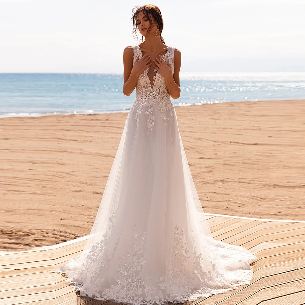 

Beach Mermaid Ivory Wedding Dresses for Women 2023 Bride Sweep Train Tulle V Neck Bridal Gowns Spaghetti Strap Robe De Mariée