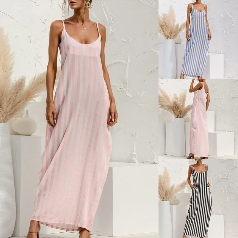 

Женское летнее платье на бретельках с длинной юбкой в полоску без рукавов с карманами