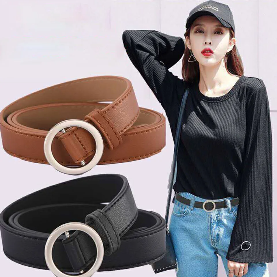 

New Women Non-Hole Round Buckle Student PU Belt High Quality Korean Version Fashion Simple Popular Girls Retro Belt Casual 2228