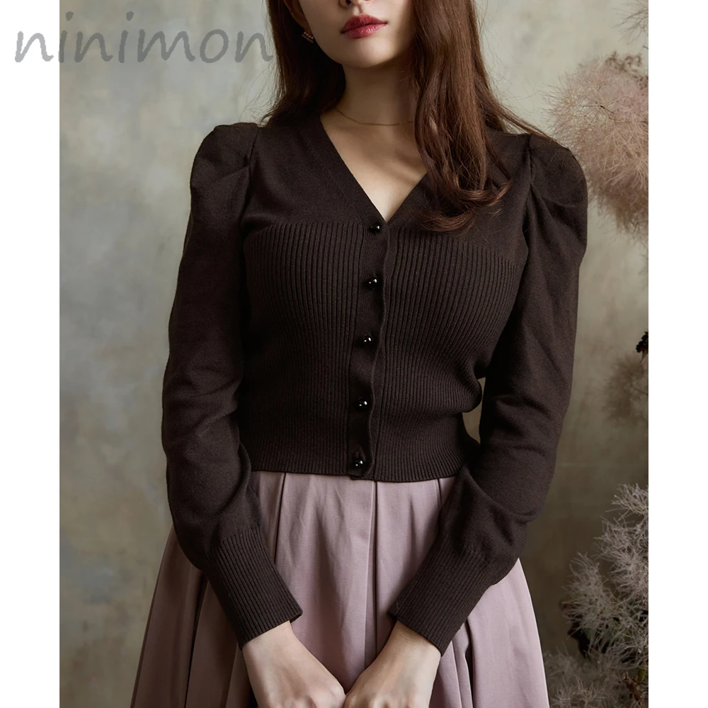 

Вязаный пуловер NINIMON с объемными рукавами, Новый однобортный Кардиган с V-образным вырезом и пузырьковыми рукавами, облегающий свитер, нижняя рубашка, вязаные джемперы