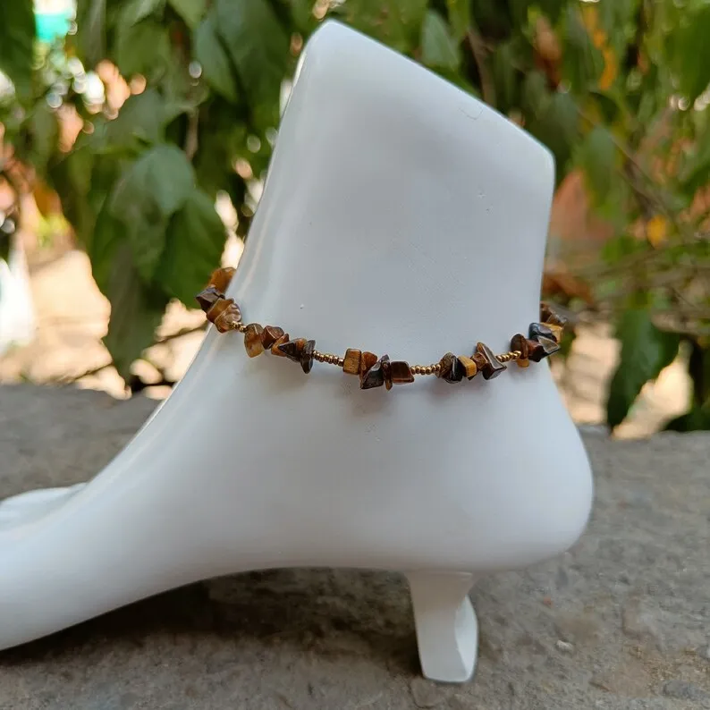 Tiger Eye Anklet-Boho Anklet-Beaded Anklet-Raw Chips Beaded Anklet-Ankle Bracelet-Fashionable Anklet-Handmade Jewelry