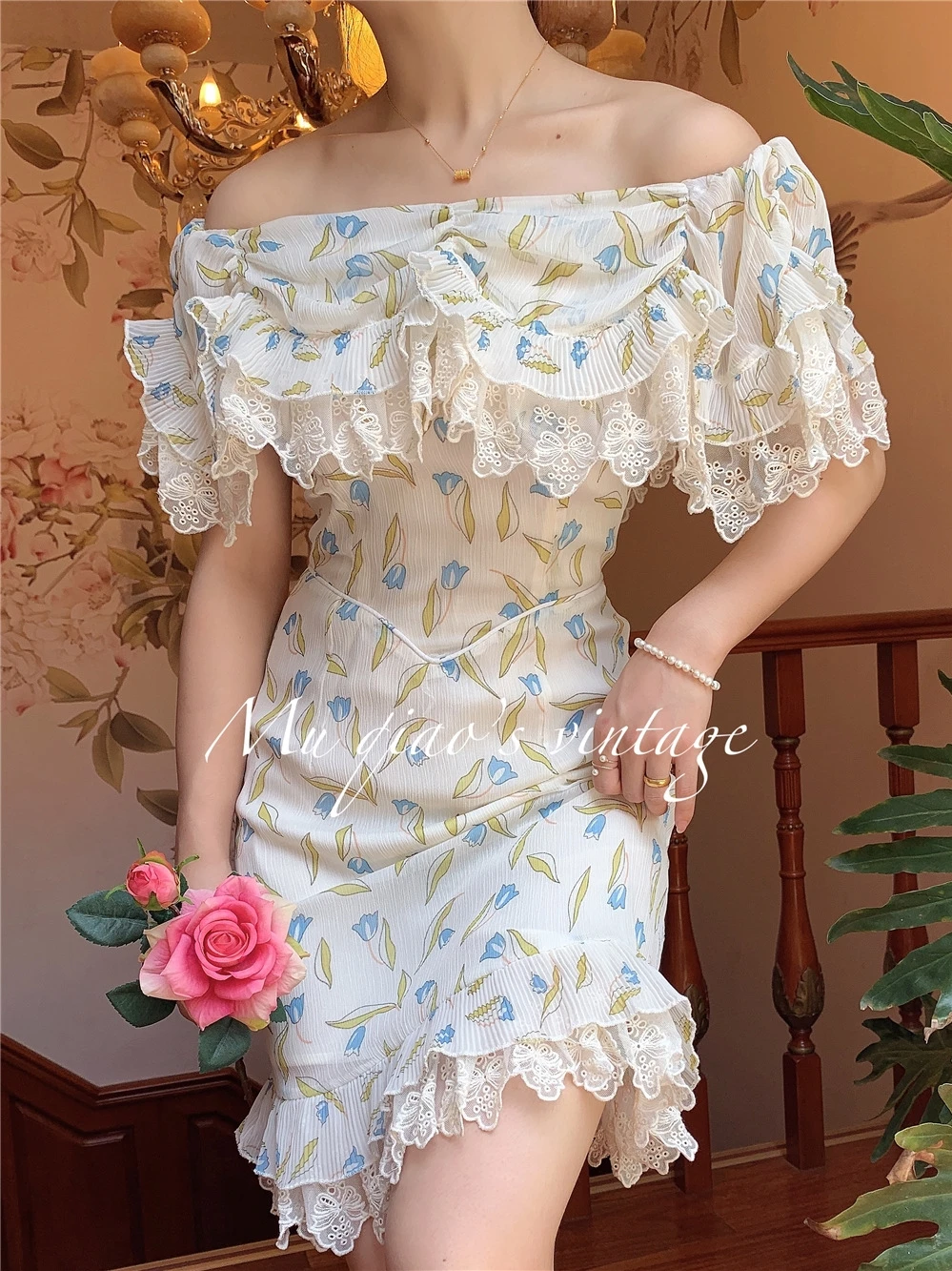 Spring Summer Women Vintage Inspired Romantic Tulip Print Chiffon Mini Dresses