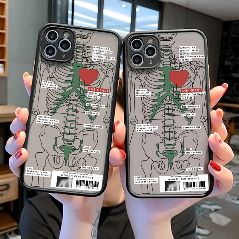 

Luxury Cute Red love Skeleton diagram Phone Case For iPhone 13 12 11 14 Pro Max XSMax XR X 8Plus Candy color Silicone Soft Cover