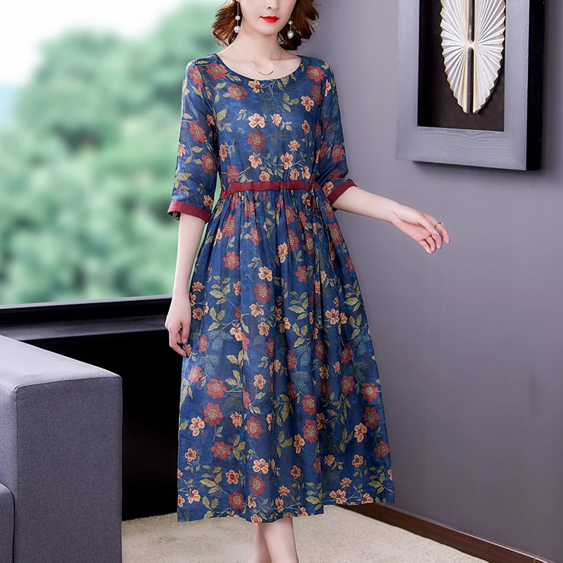 

Женское винтажное платье из рами, с длинным рукавом и цветочным принтом