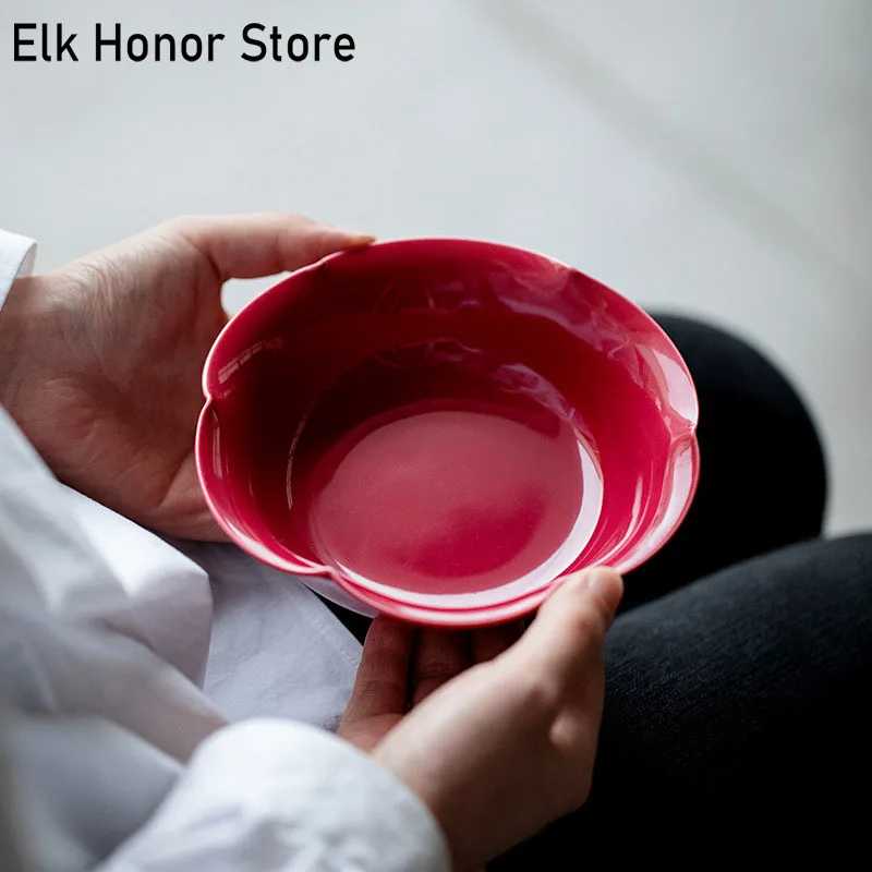 

Carmine Glaze Ceramic Teapot Bearing Tray Creative Petal Fruit Snack Plate Household Tea Table Cover Bowl Support Tea Ceremony