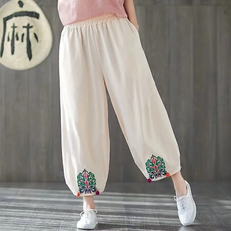 

Summer new ethnic style women's pants 2022 literary retro embroidery elastic waist bloomers casual nine-point pants
