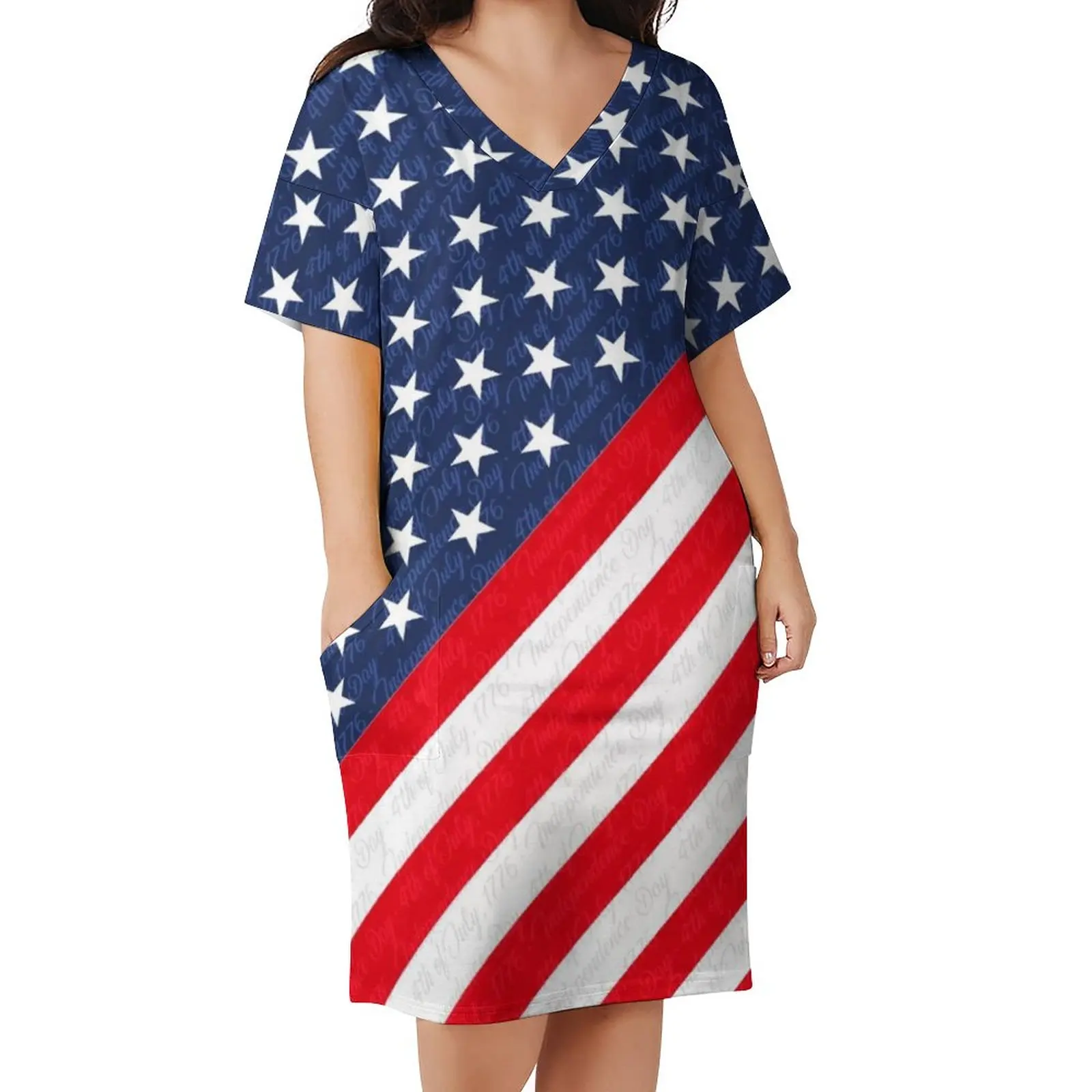 

Star Flag Pirnt Dress Short Sleeve USA 4th of July Independence Day Street Fashion Dresses Summer Casual Dress Women Plus Size