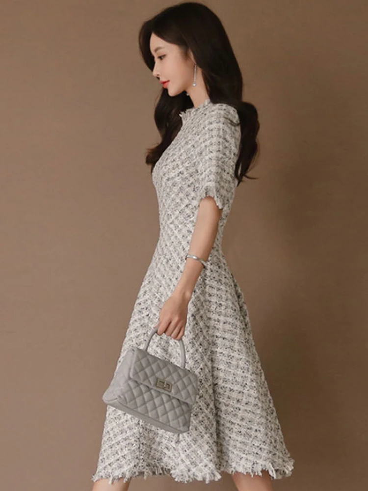 Women Fashion Chic Party Dress Luxury Casual Crew Neck Short Sleeve Plaid Slim Gown Robe Ladies Elegant A-Line Vestidos