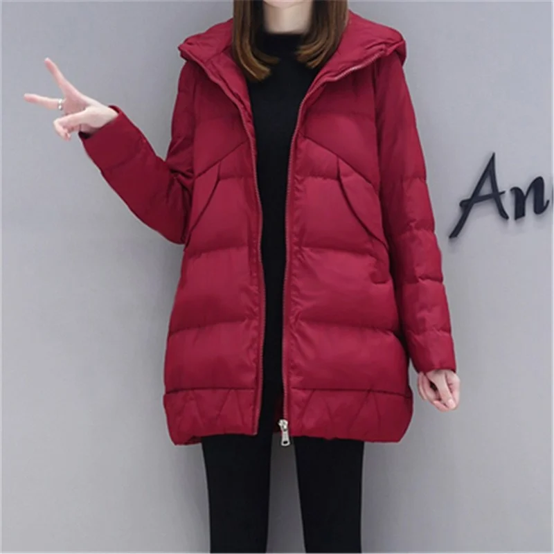Women Leisure Style Jackets with Pocket Hooded Warm Coats Fashion Long Parkas Winter Down Cotton Jacket Coat Lady Solid Overcoat