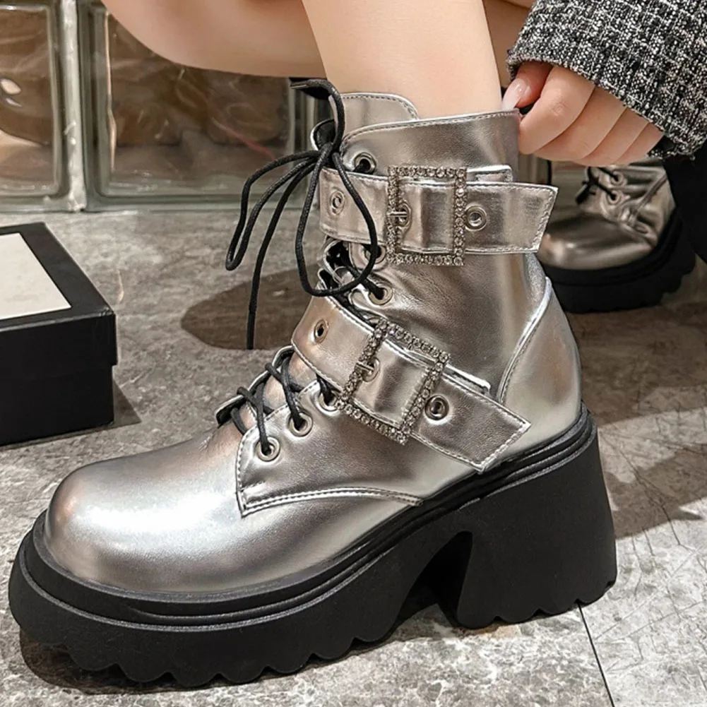 

Женские ботинки на массивной платформе, ботильоны на толстом каблуке, украшенные стразами, Элегантная Модная Удобная зимняя обувь для женщин