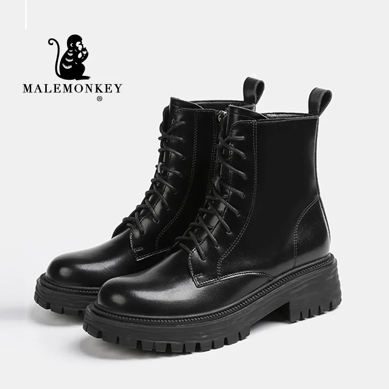

Platform Boots Women Winter 2022 Fashion New Split Leather Ankle Boots Round Toe Zipper Non-slip Ladies Shoes Black Handmade