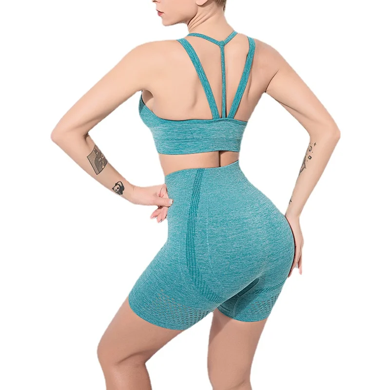 

Летний бесшовный спортивный комплект из двух предметов, женский синий укороченный топ, бюстгальтер и шорты, спортивный костюм, тренировочный костюм, одежда для активного отдыха и фитнеса, комплекты для спортзала