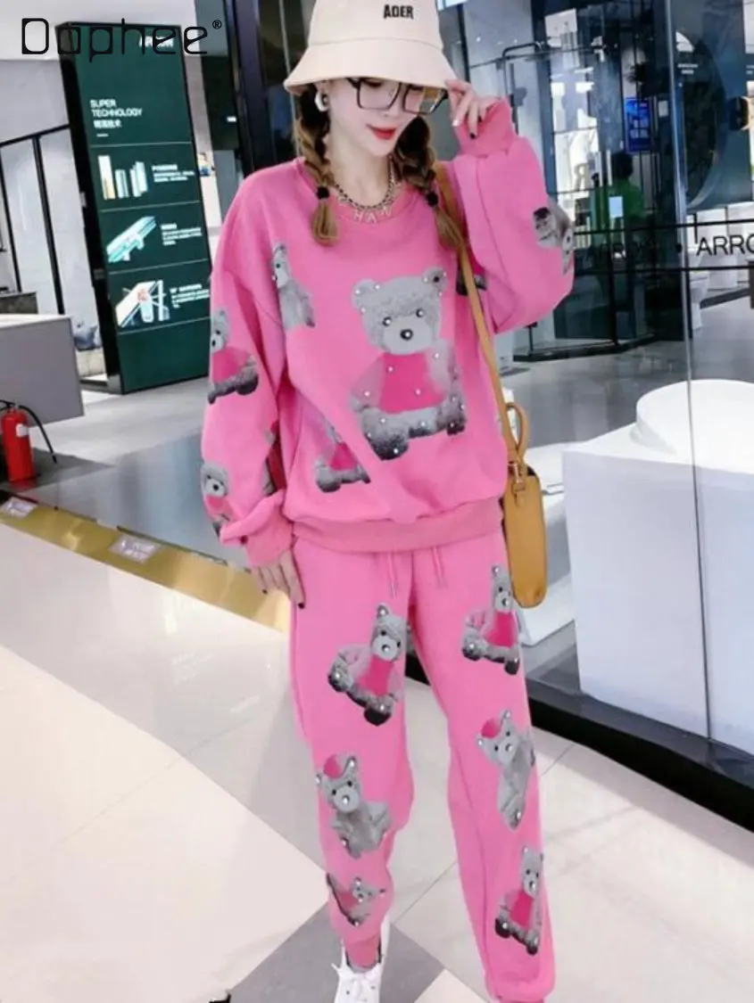 Autumn Winter New Fleece-Lined Long-Sleeved Casual Suit Women's Fashion Loose Cartoon Sweatshirt and Sweatpants Two-Piece Suit