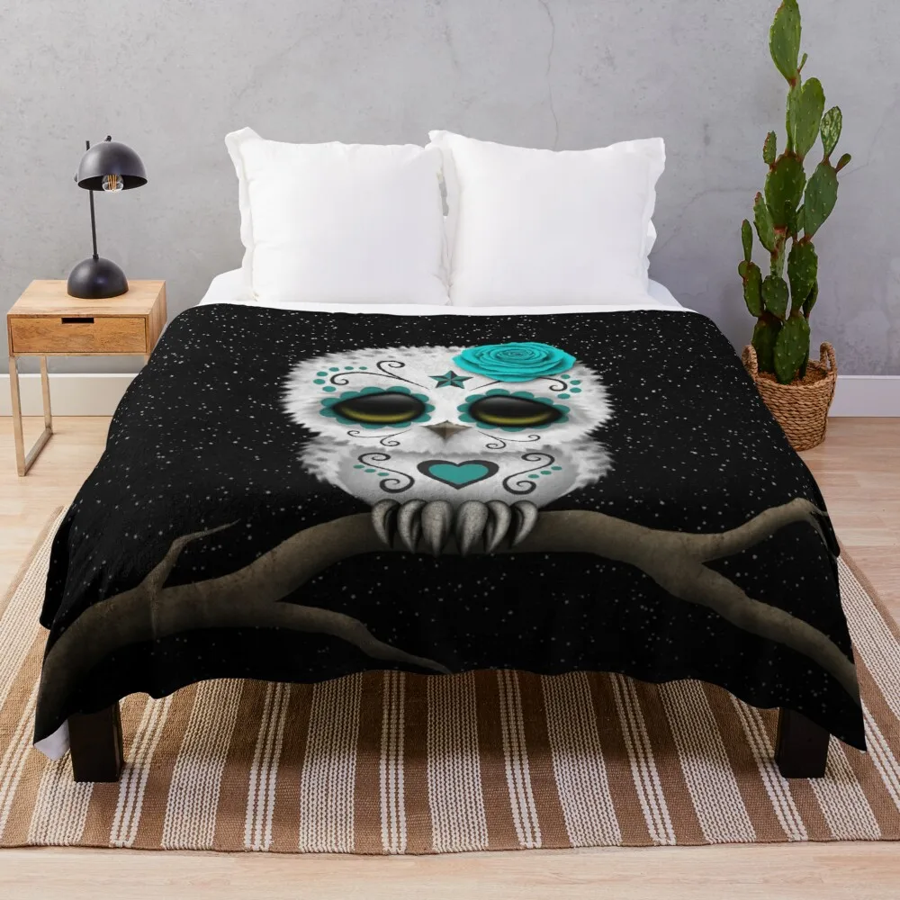 

Cute Teal Blue Day of the Dead Sugar Skull Owl Throw Blanket