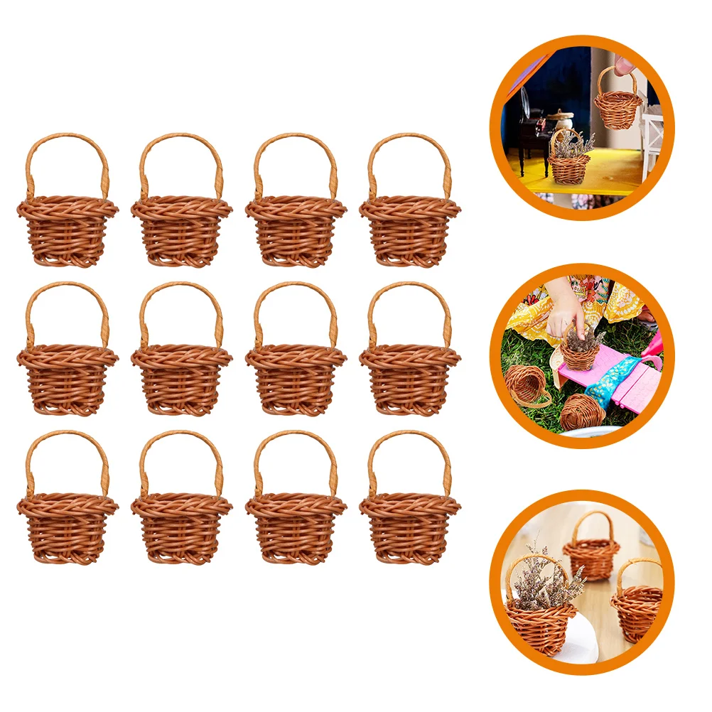 

12 Pcs Woven Basket Round Storage Miniature Flower Decorative Craft House Accessories Decoration Plastic Micro Scene