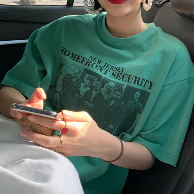

Dinboa-summer Korean Style Letter Printing T-shirts Women White Retro Loose O-neck Short Sleeve T-shirt Green Casual Top Femme