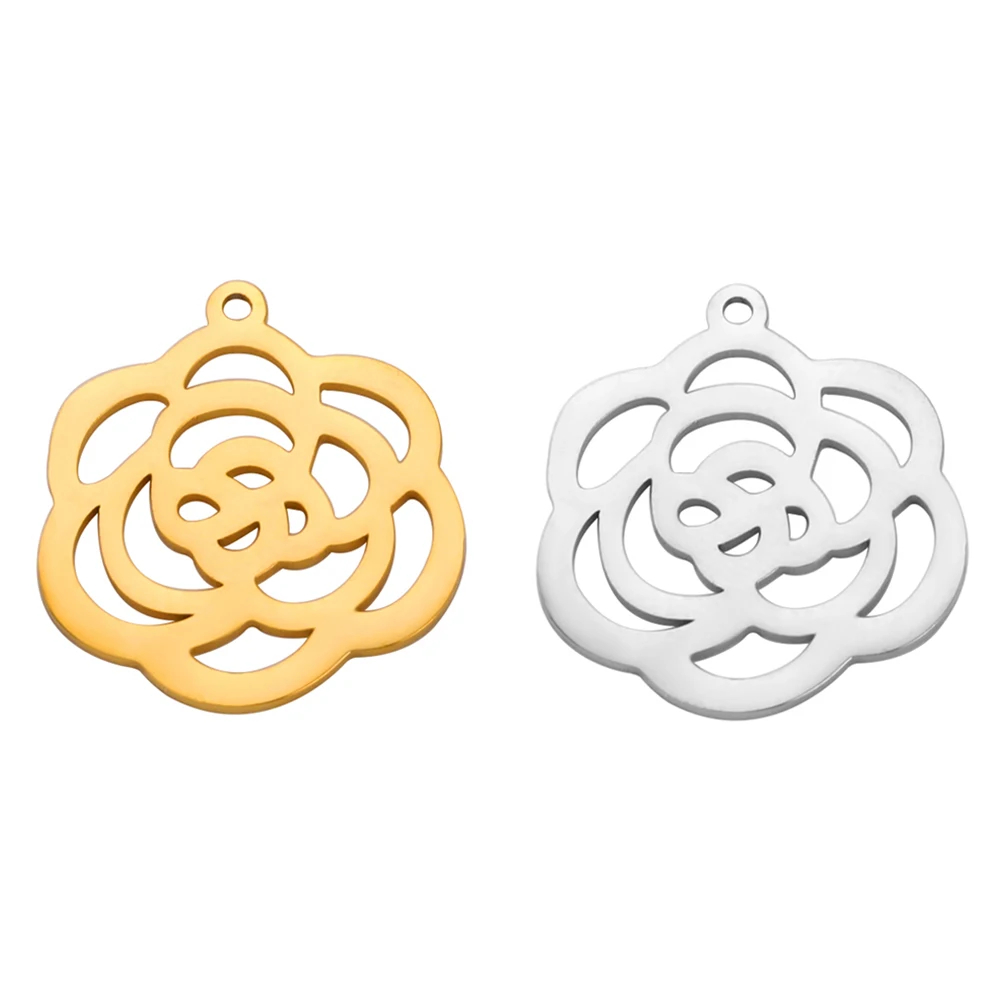 5pcs/Lot Romantic Hollowed Rose Flowers Charms For Jewelry Making Stainless Steel Necklace Bracelets Pendants Diy Accessories