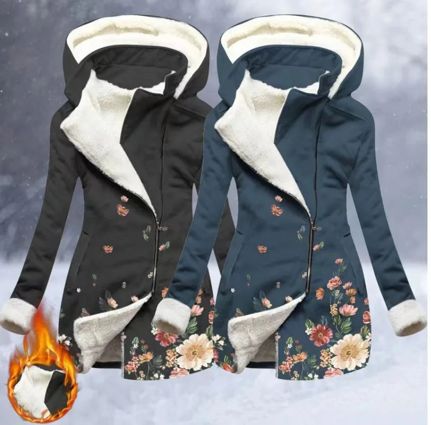 

2023 Autumn/Winter New Women's Butterfly Printed Fur Hooded Mid length Coat