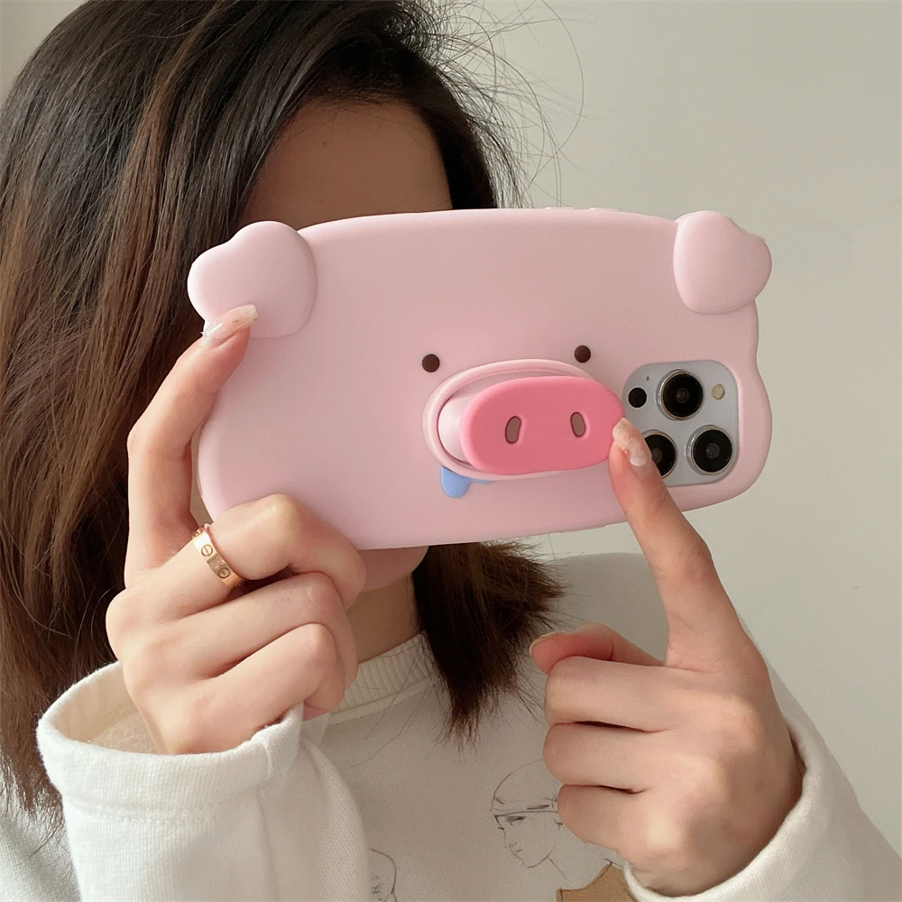 Korea fun 3D saliva pig nose invisible bracket silicone phone case for phone 14 Pro Max 12 13 Pro cute creative shockproof cover