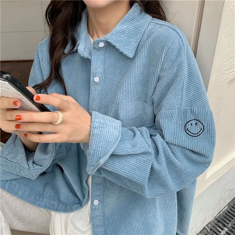 

Autumn Korean Style Corduroy Shirt Women Casual Oversized Long Sleeve White Chic Blouse Female Student