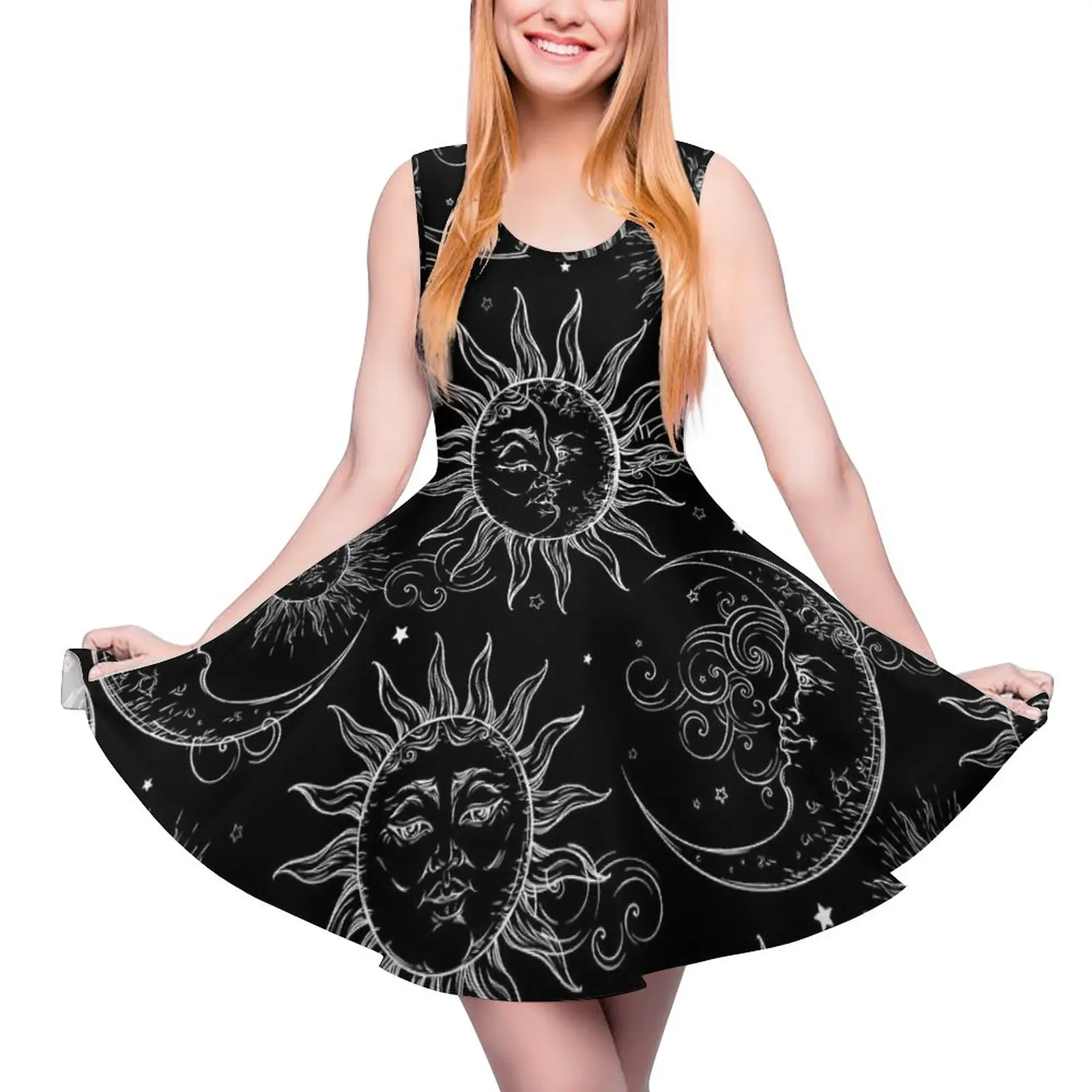

Sun Moon Stars Dress Vintage Celestial Cute Dresses High Waist Street Style Skate Dress Female Design Clothing Birthday Present