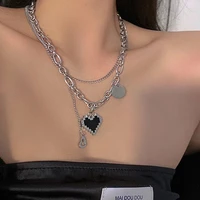 coconal women punk black mosaic love pixel peach heart tag pendant double layer chain necklace vintage neck necklace jewelry gif