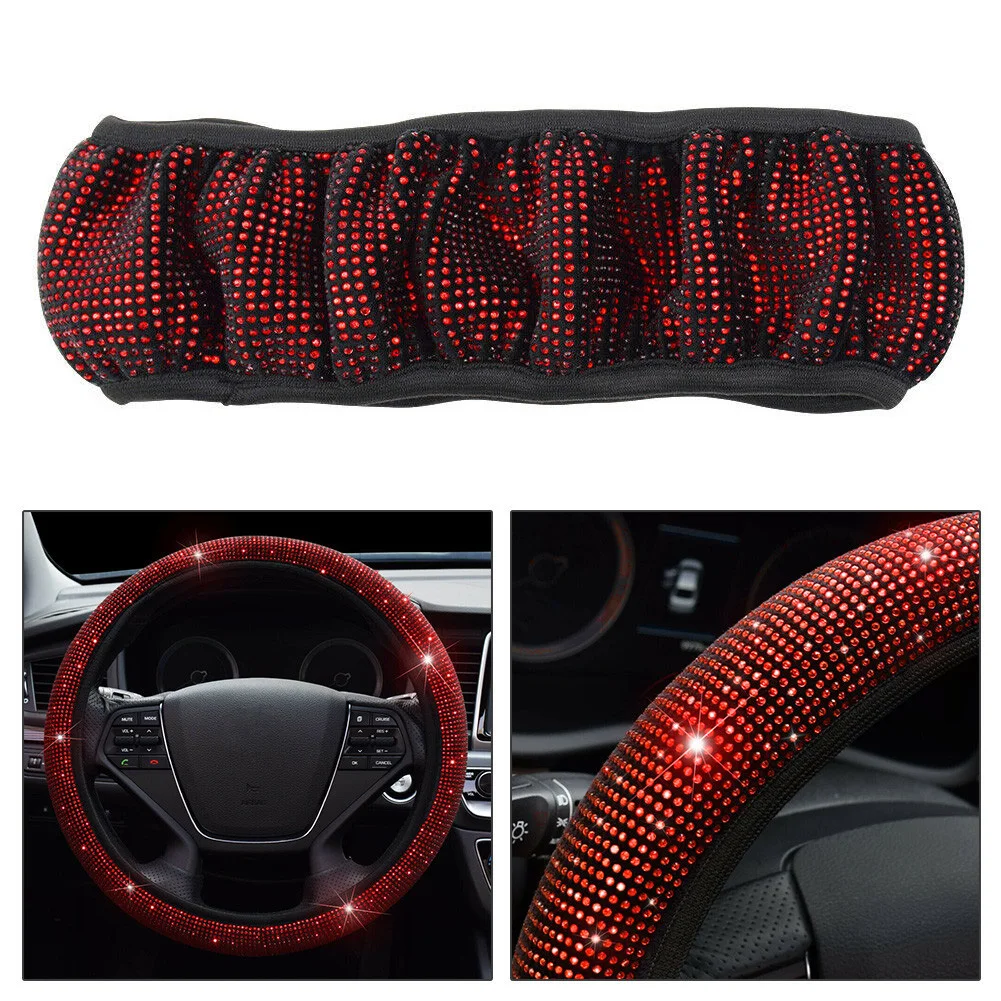 1 Pcs Car Steering Wheel Cover Red Diamond Anti-Slip Protector Bling Crystal Automobiles Interior Accessories Universal 37-38cm