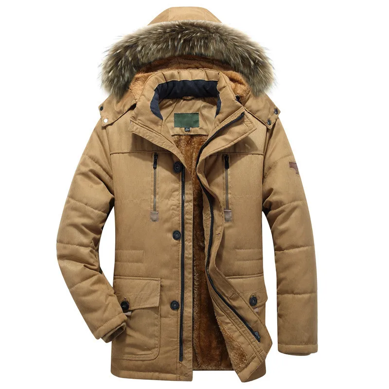 Men Clothing Winter Men Jacket Mid-length Fur Collar Fleece Warm Jacket Casual Fashion Plus Size Clothes Jacket Men Winter Coat