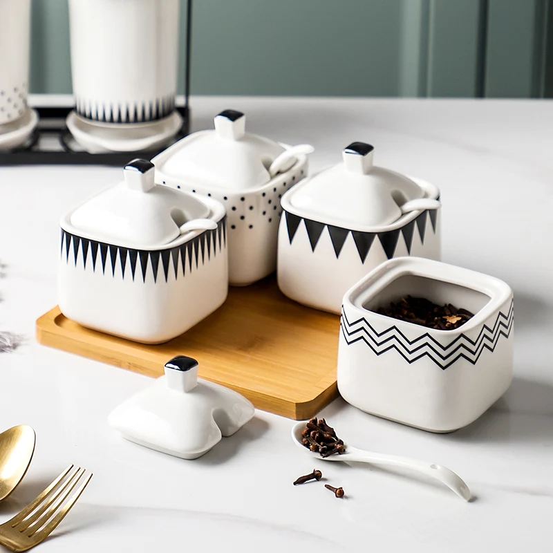 

Ceramic Seasoning Jar Nordic Kitchen Seasoning Box Combination Suit Household Salt Sugar Seasoning with Lid Spoon