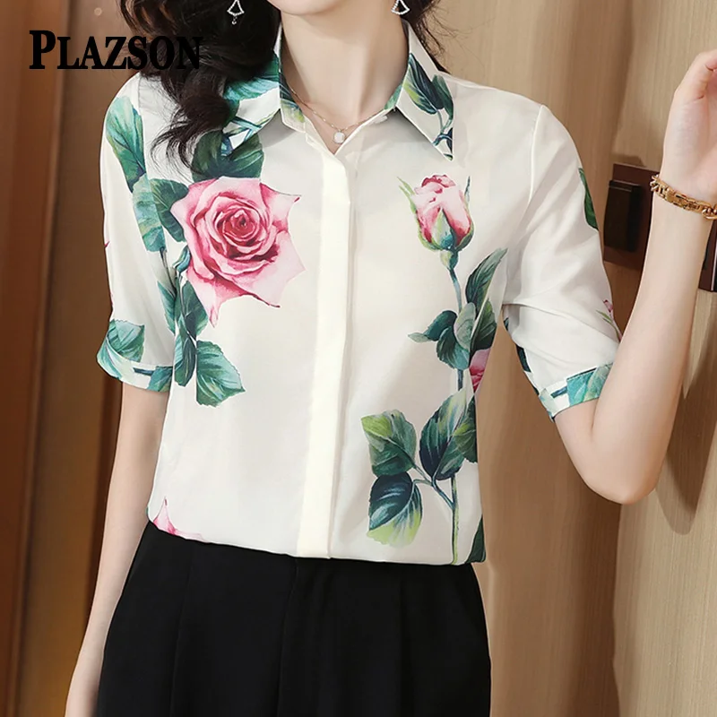 

PLAZSON Rose Flower Print Chiffon Women Shirt Tops Summer 2023 Short Sleeve White Black Vintage Plus Size Lapel Button-up Blouse
