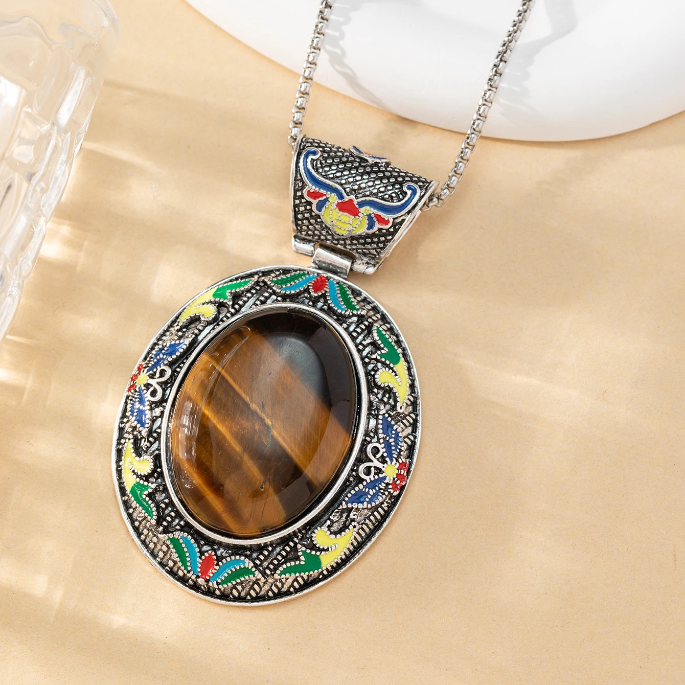 

Vintage Pendant Oval Natural Semi Precious Stone Tiger's Eye Pendant Necklace Metal Chain for Women's High-quality Jewelry Gift