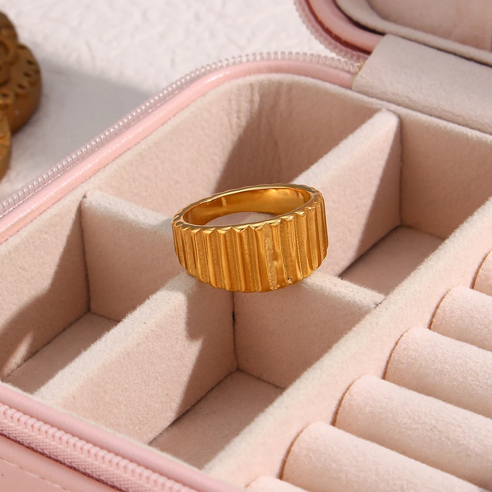 

Minimalist 18K Gold Plated Engraving Strip Texture Wide Large Gold Ring Jewelry Stainless Steel Hihop Jewelry Men's Ring
