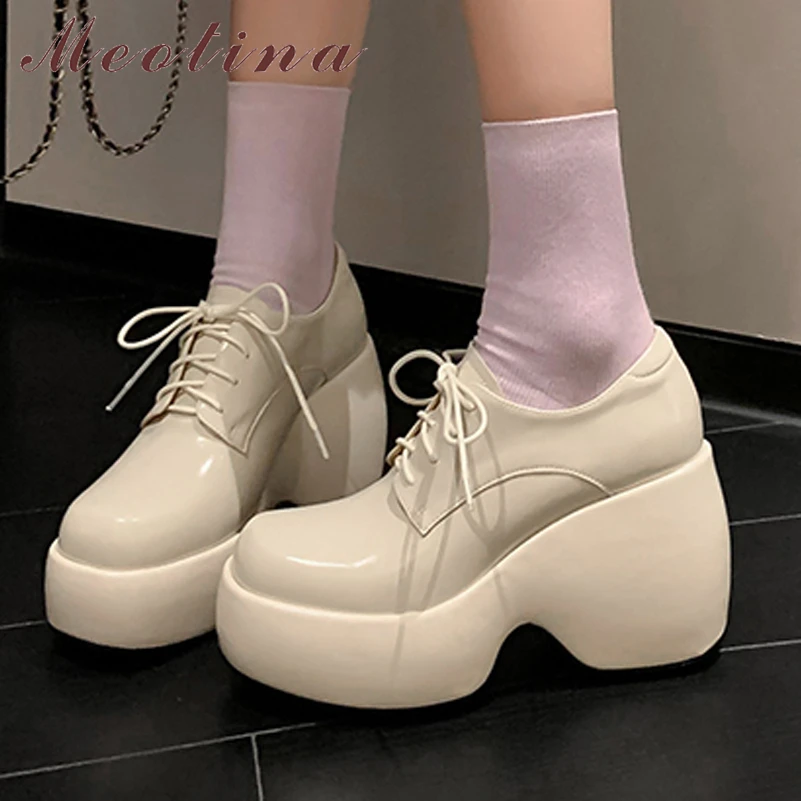 

Meotina Women Genuine Leather Pumps Round Toe Platform Block High Heels Lace-up Ladies Fashion Career Shoes Spring Autumn Beige