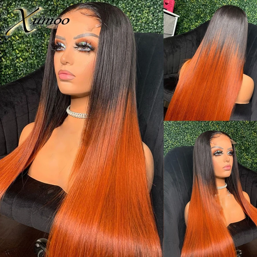 Xumoo Ombre Orange Color 13*4 Lace Front Wigs Peruvian Remy Human Hair Glueless Wigs For Women with Baby Hair Pre Plucked