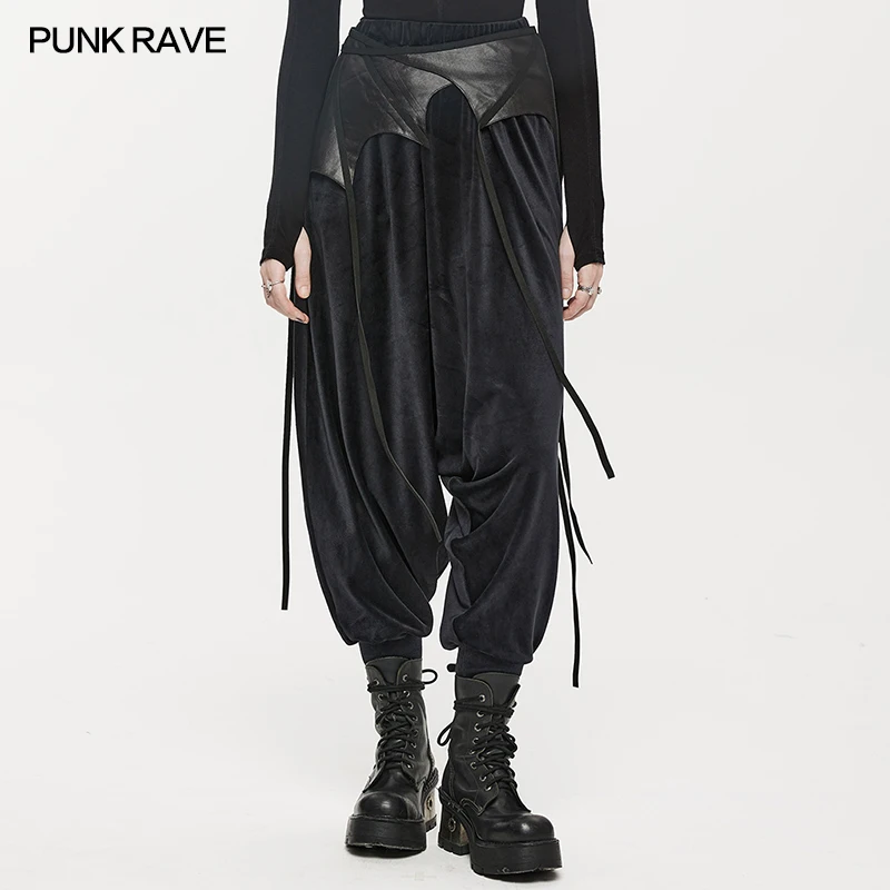 

PUNK RAVE Women's Gothic Bat Shaped Comfortable Elastic Waistband Off Crotch Pants Personalized Women Trousers Spring/Autumn