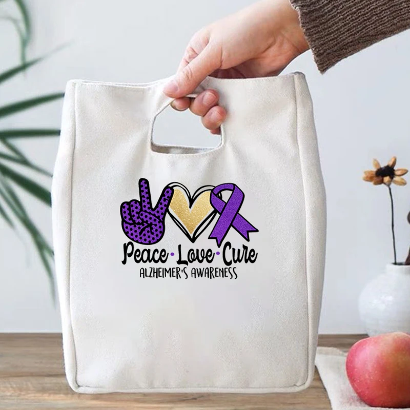 

Peace Love Cuie Cartoon Print New Alzheimer Print Lunch Bags Canvas Lunch Box Picnic Tote Cloth Food Storage Bag for Office Lady