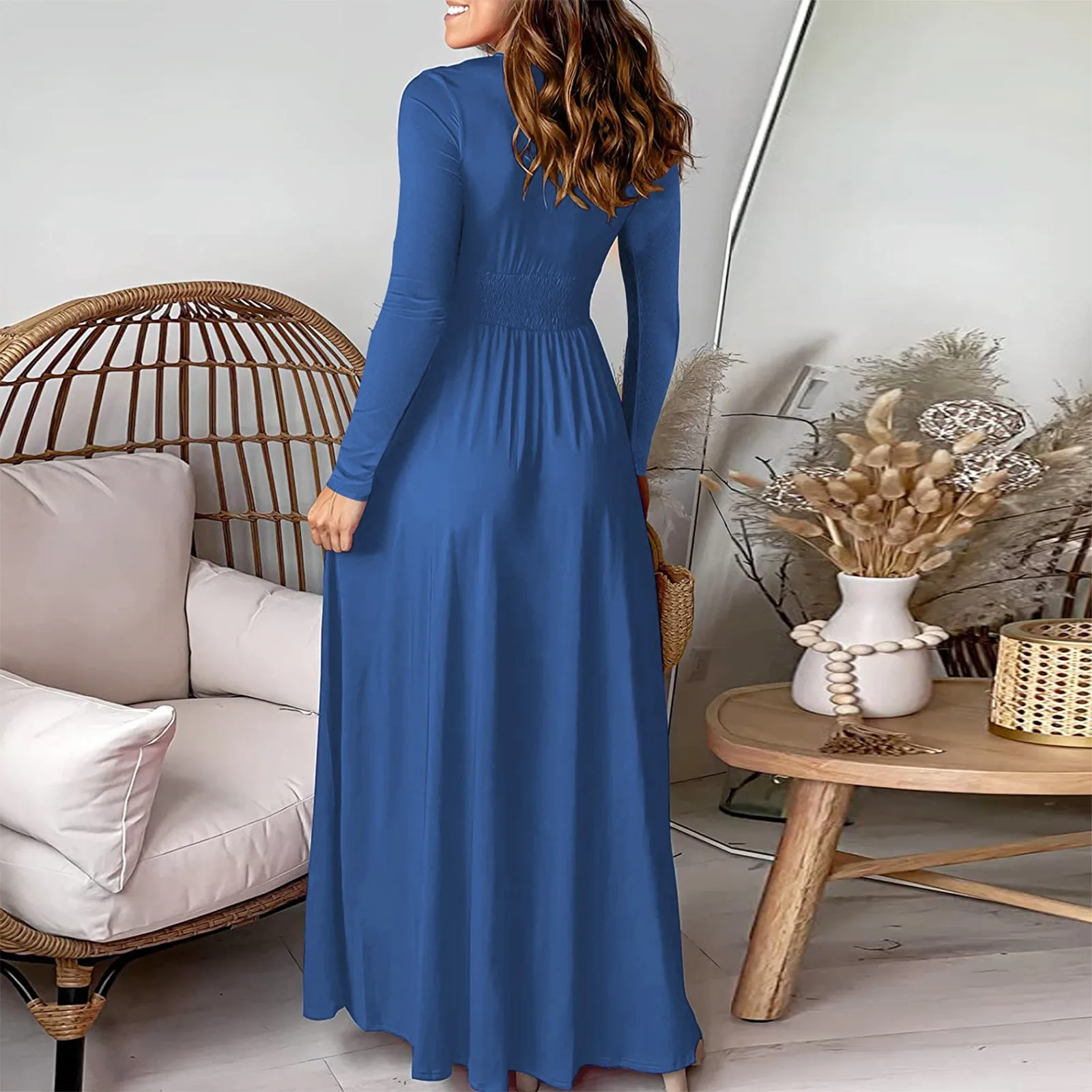 

Women'S Deep V-Neck Long Sleeved Pleated High Waisted Split Party Evening Dress Solid Color Dress Elegant Women'S Dresses плать