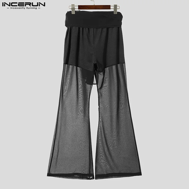 INCERUN мужские повседневные длинные брюки 2024 сетчатые с поясом Hansome широкие простые
