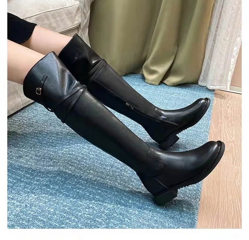 

Low heel women's shoes PU leather over the knee high boots autumn and winter shoes thick bottom zipper women's boots size 34-43