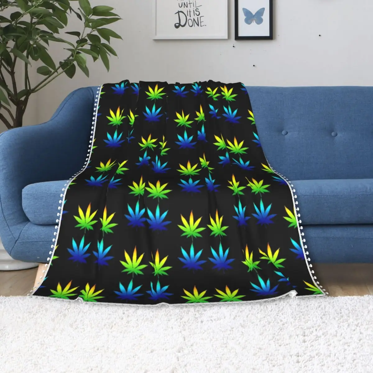 

Одеяло с синими и желтыми листьями марихуаны, милое Флисовое одеяло радужного дизайна, мягкое модное покрывало для пикника