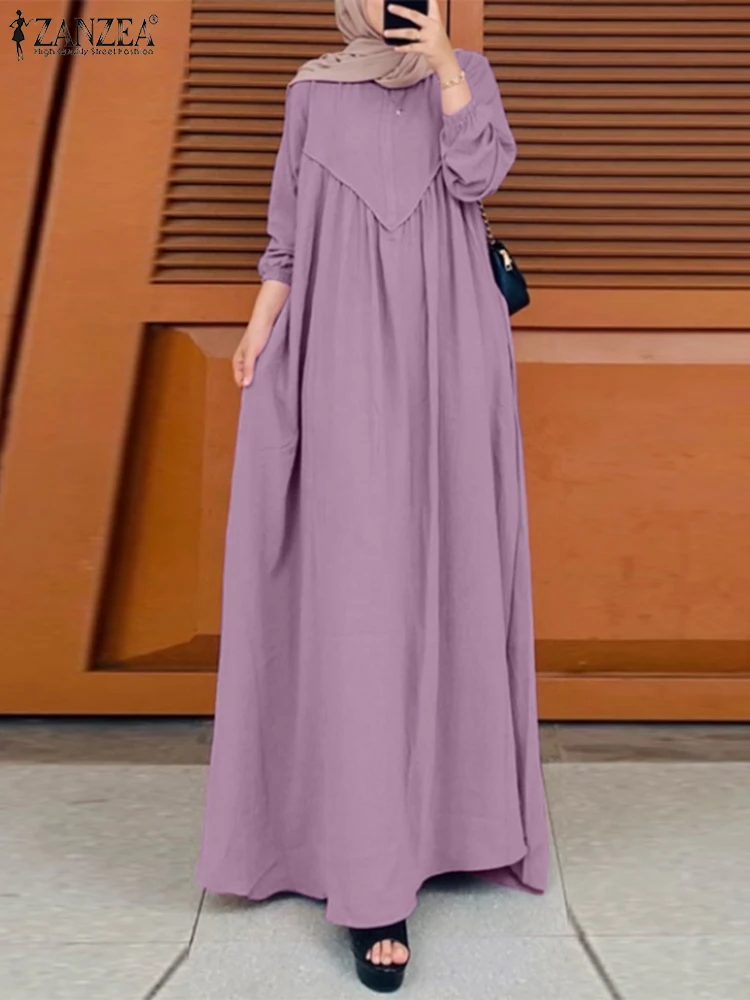 

Винтажное длинное платье ZANZEA из Дубая с пышными рукавами и круглым вырезом, однотонный элегантный женский сарафан, модное мусульманское платье большого размера