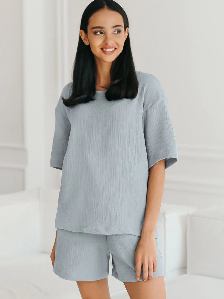 

Свободная Пижама Restve для женщин, комплект из 2 предметов, повседневная одежда для сна с коротким рукавом и круглым вырезом, женские домашние костюмы с шортами, лето 2023